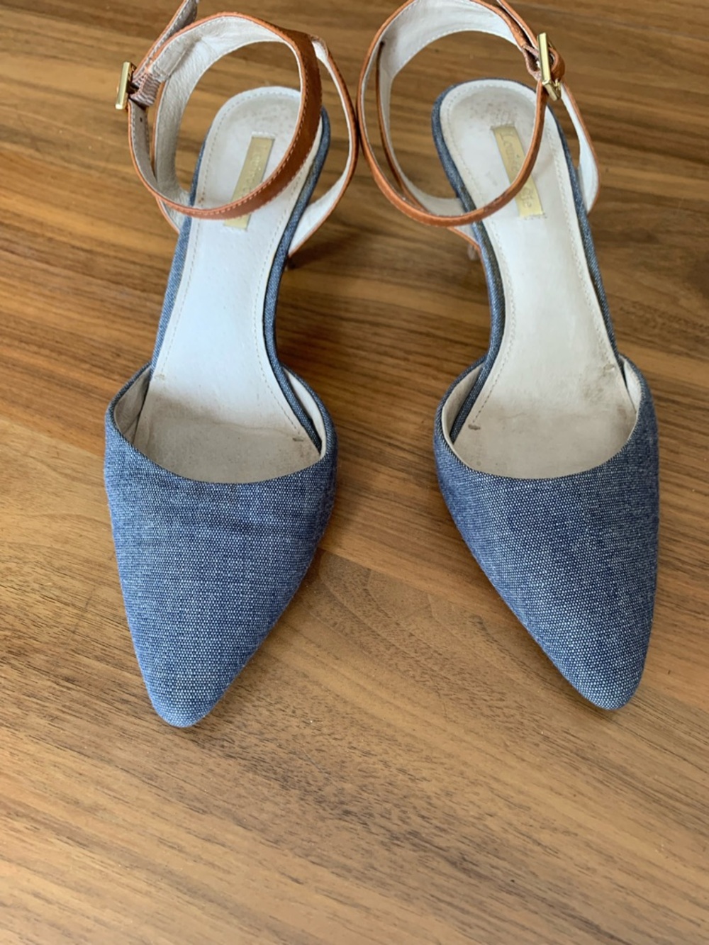 Louise et Cie Denim Blue Pointed Toe Ankle Strap Heels with Tan Strap, SZ 8,